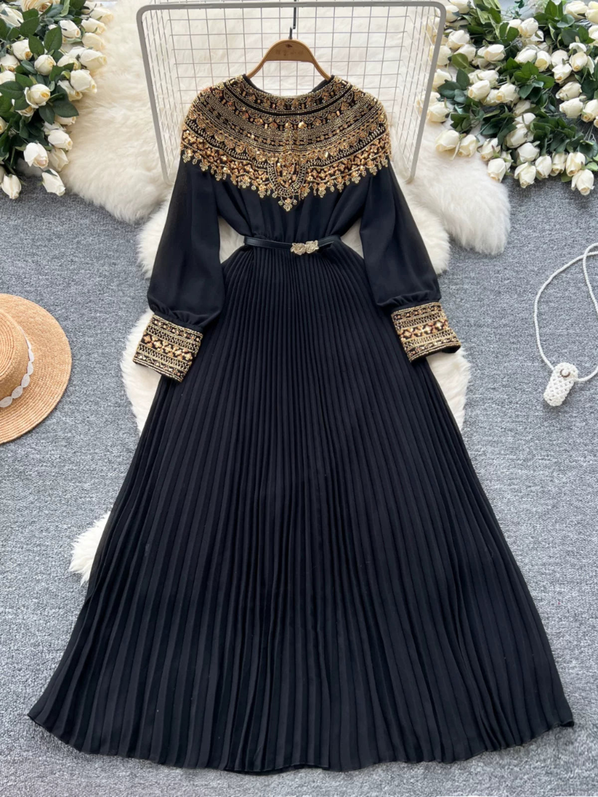 Sequined Patchwork Long-sleeved Dress  64D117