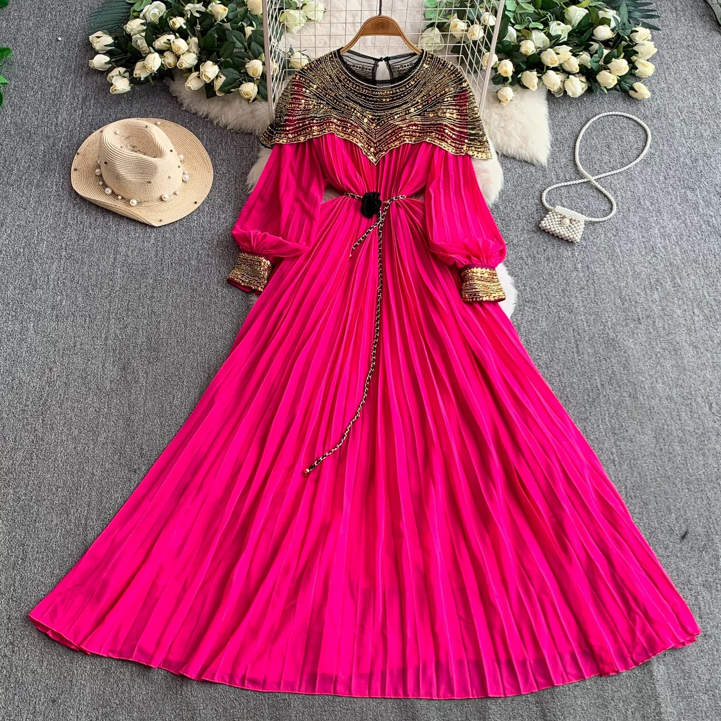 Sequin Lantern Sleeve Dress  64D118