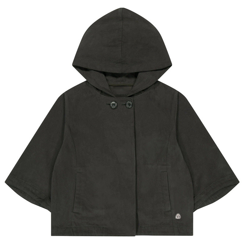 Small Flower Button Hooded Bat Sleeve Cloak Jacket Female 73C103