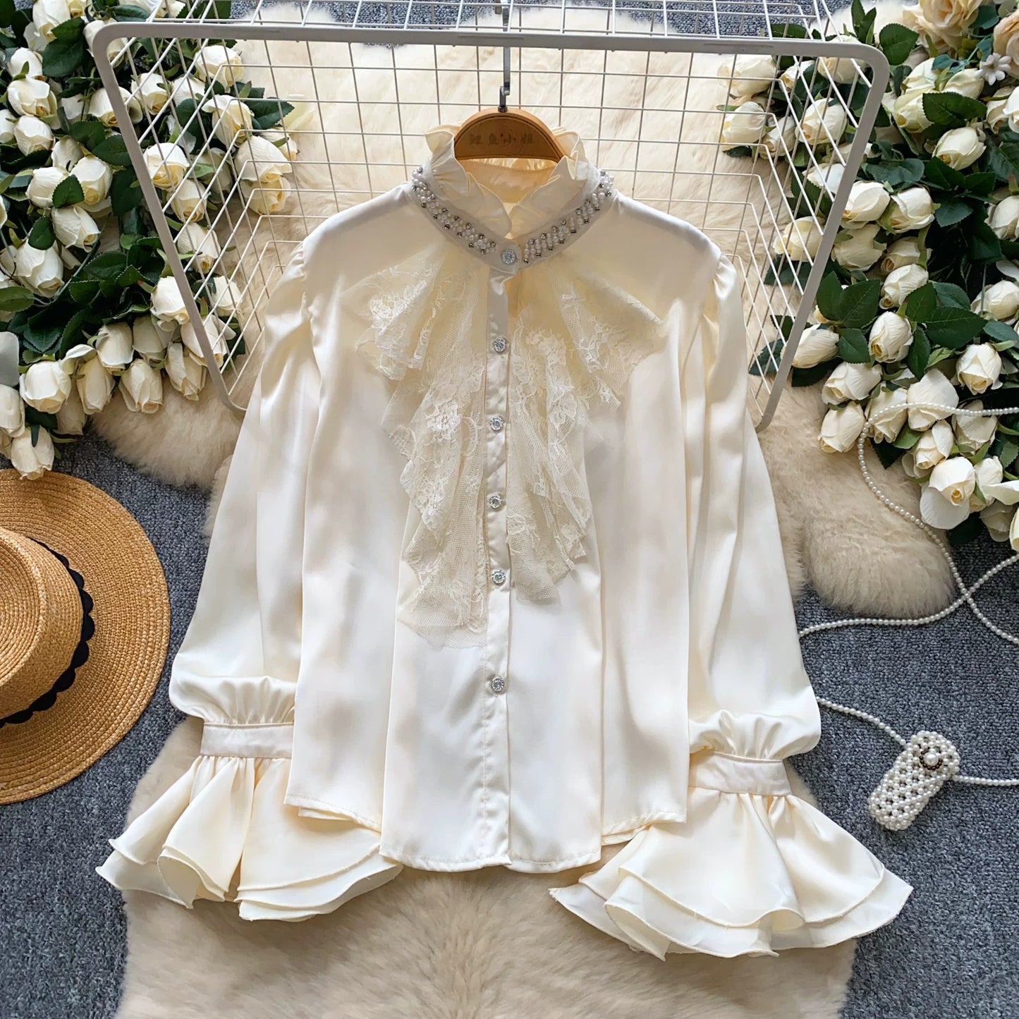 Diamond Stand-Up Neck Flared Sleeve Satin Shirt Women