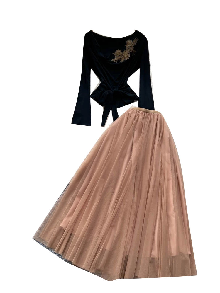 Two-piece Long-sleeved Top High-waisted Mesh Skirt 69B918