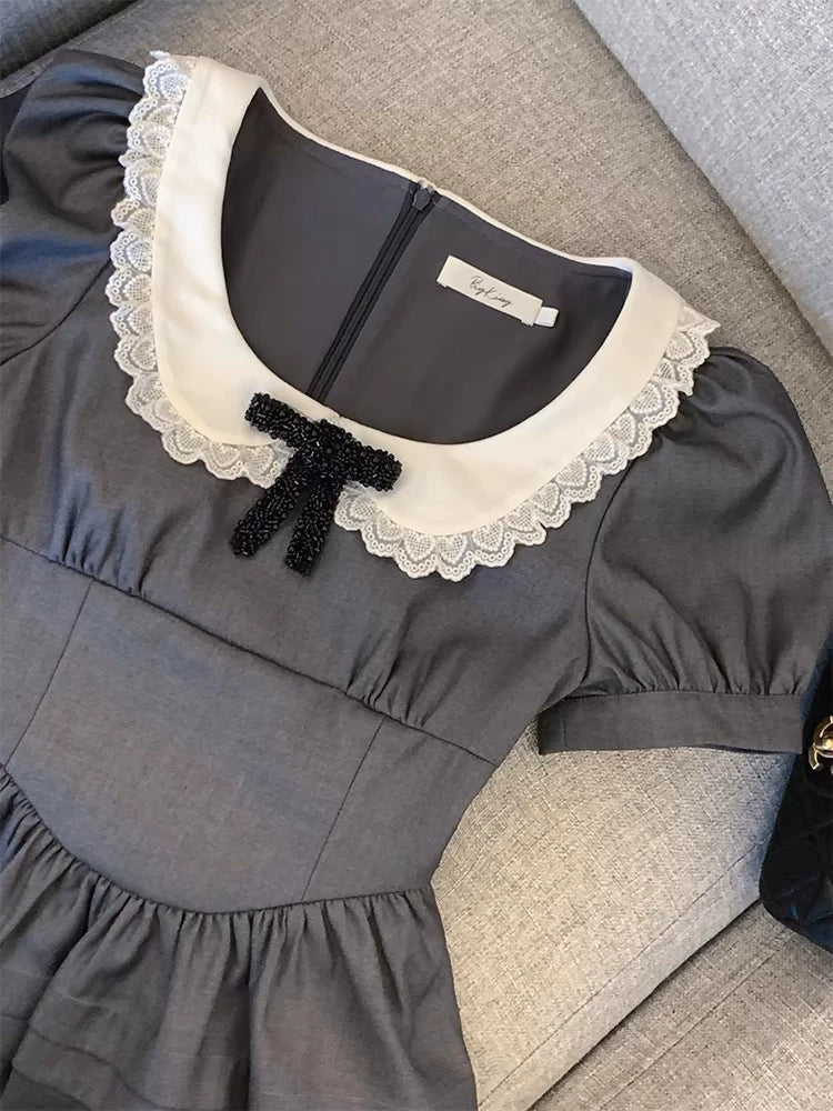Doll Collar Bubble Sleeves Waist Gray Tutu Skirt 69B901