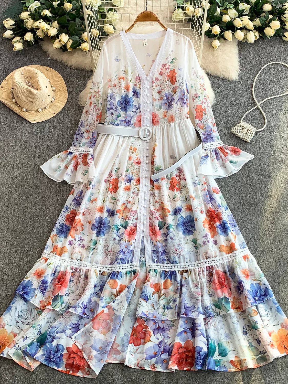 Printed Waist-cinching Ruffle Dress SA731