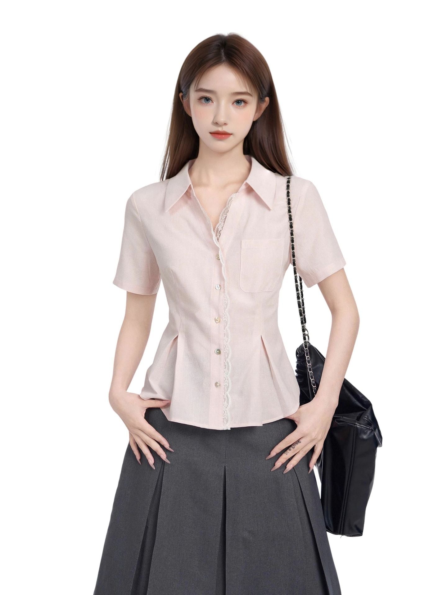 Pink Shoulder Lace Short Sleeve Shirt Women SA374
