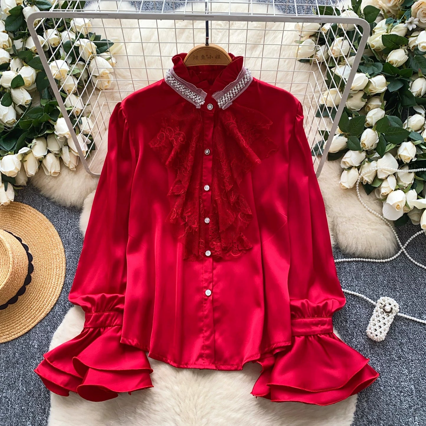 Diamond Stand-Up Neck Flared Sleeve Satin Shirt Women