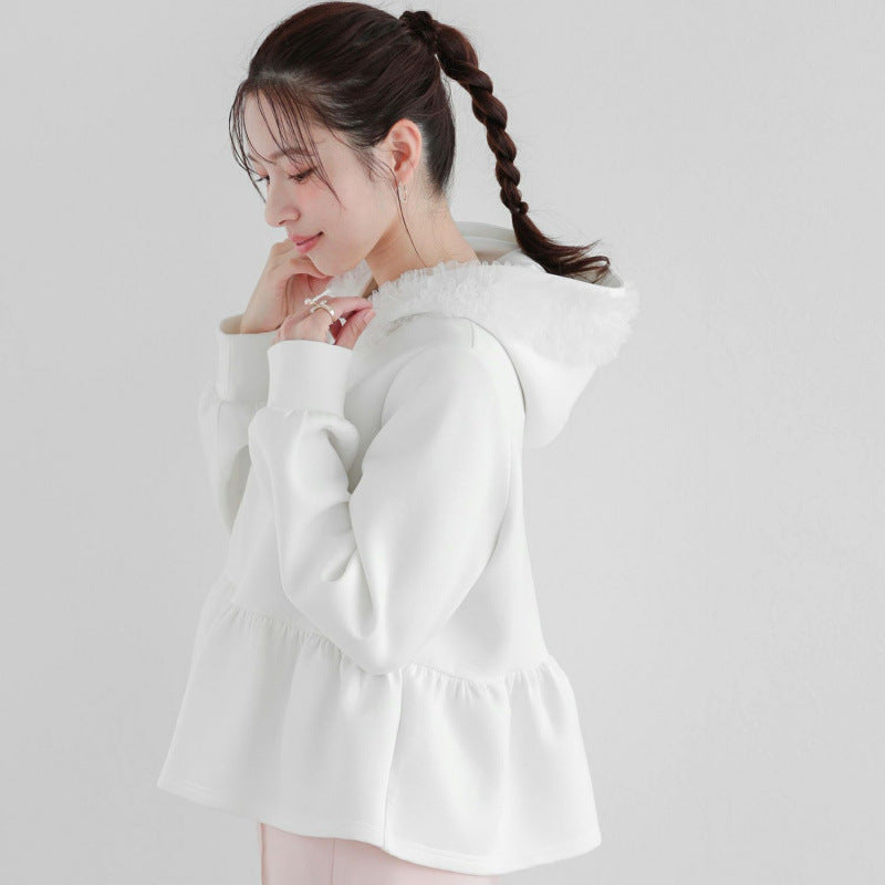 Ruffle Edge Mesh Stitching Hooded Sweater SA635