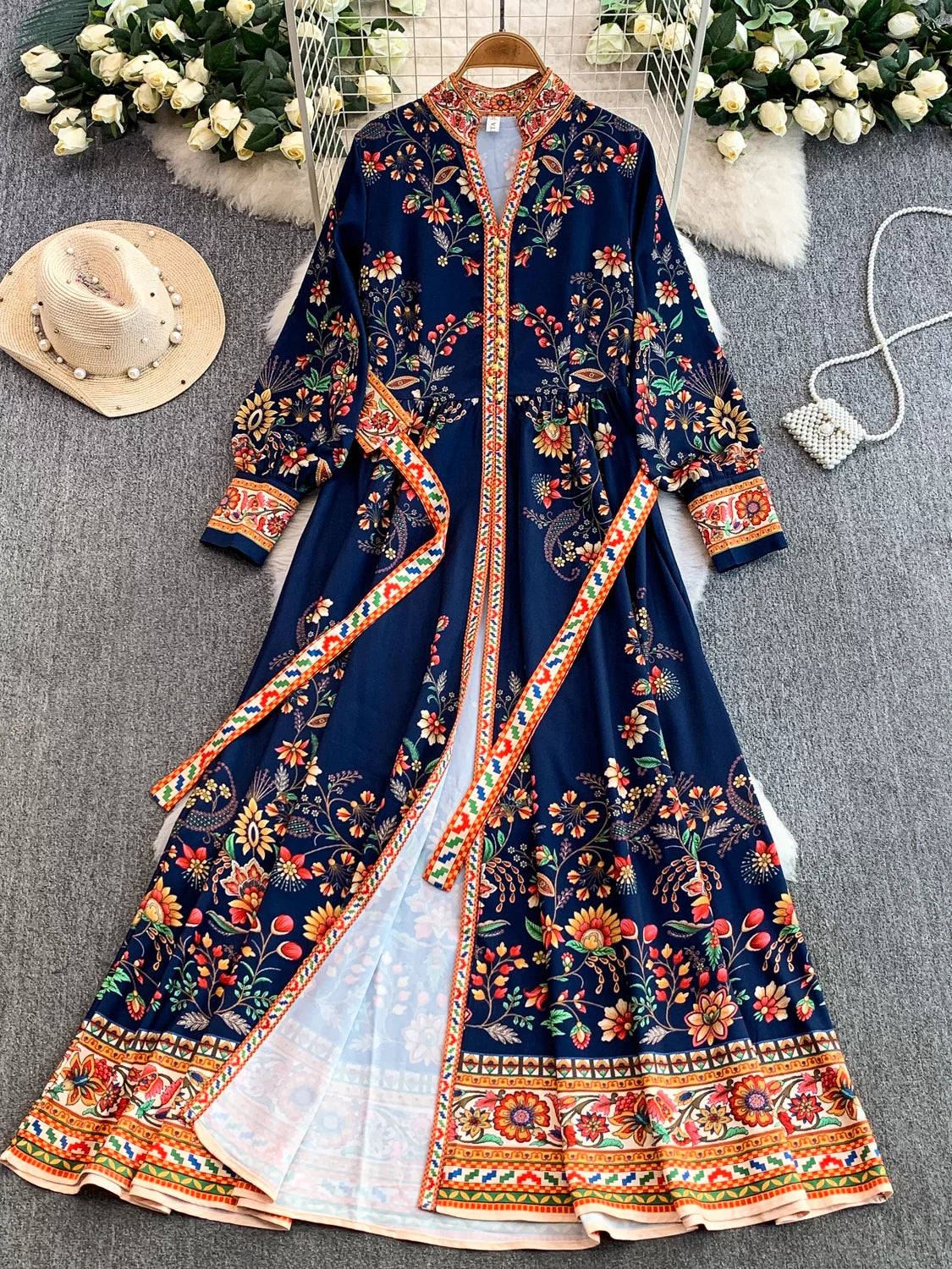 Printed V-neck Long Sleeve Dress SA745