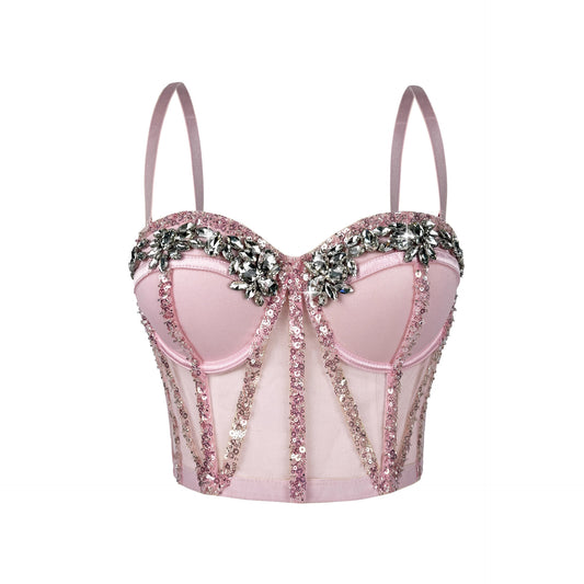 Rhinestone Mesh Fishbone Bra  69B890