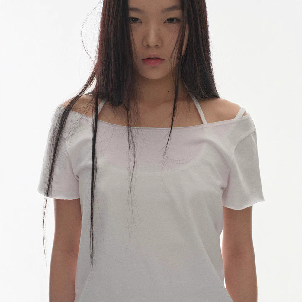 Slant Collar Shoulder Wing Print T-Shirt 73C093