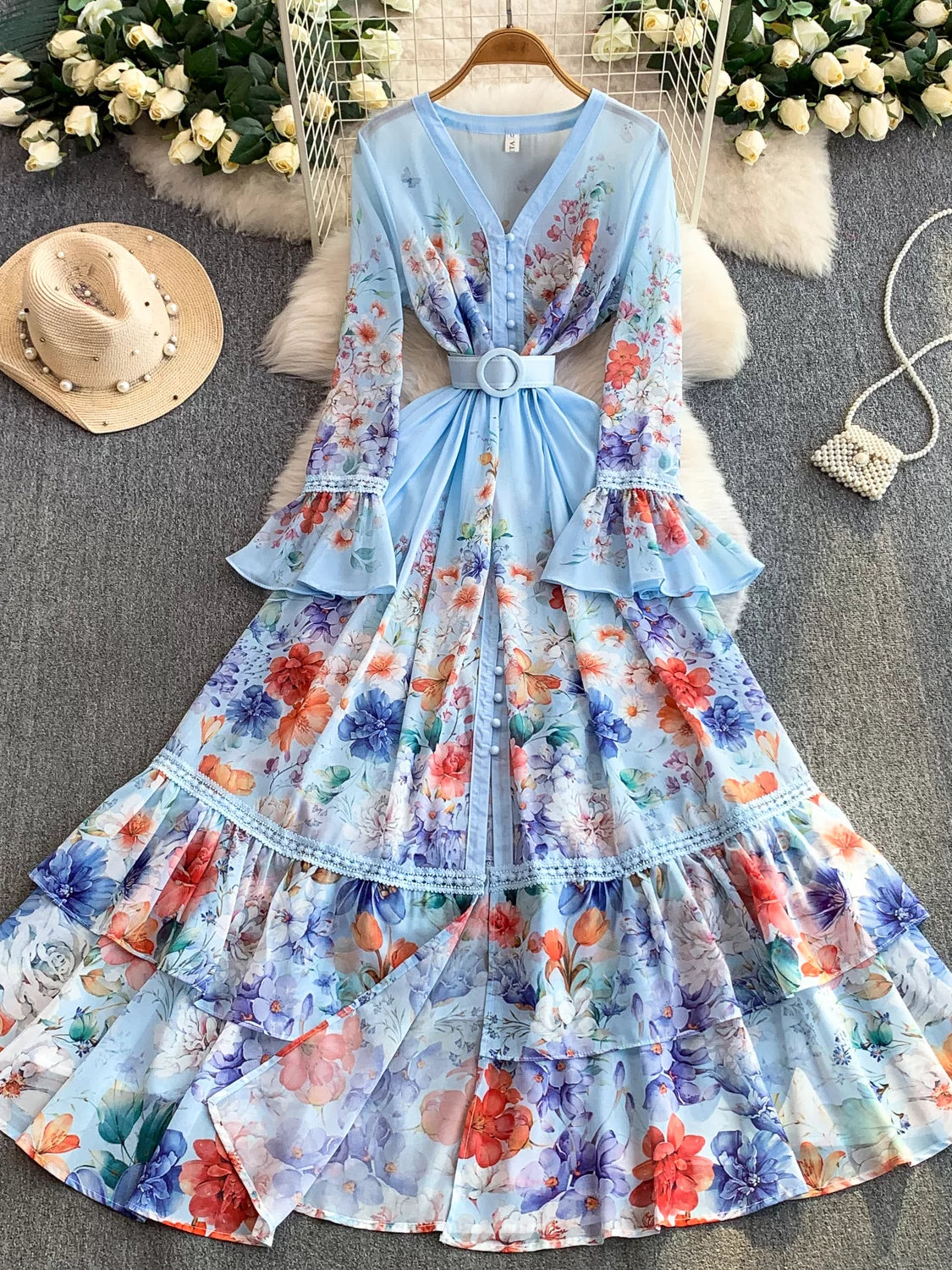 Printed Waist-cinching Ruffle Dress SA731