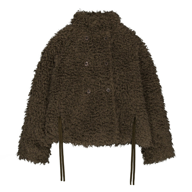 Plush Lace-Up Double-Breasted Jacket Top Women 73C099