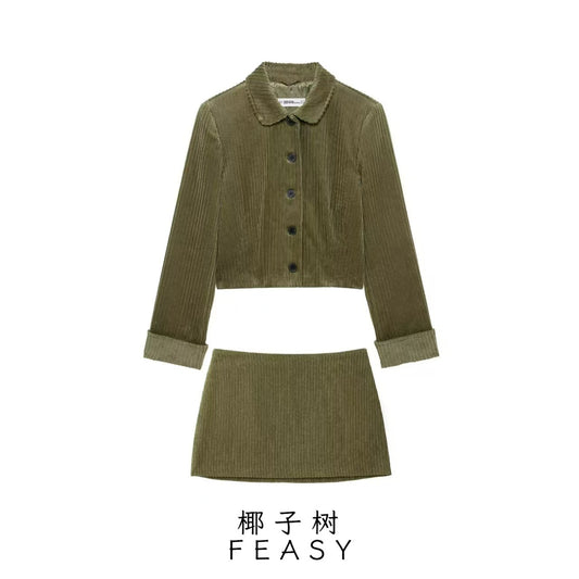 Corduroy Short Jacket Short Skirt Set SA348