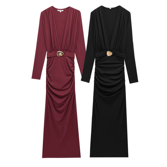 Belt Long Sleeve Deep V-Neck Dress SA421