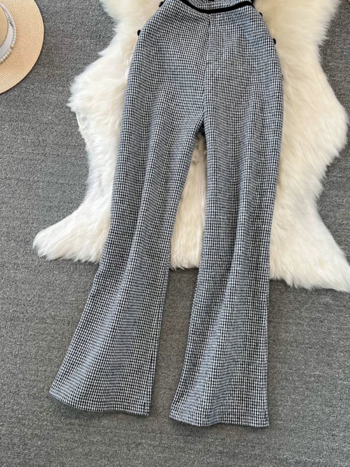 V-neck Houndstooth Woolen Jumpsuit 64H073