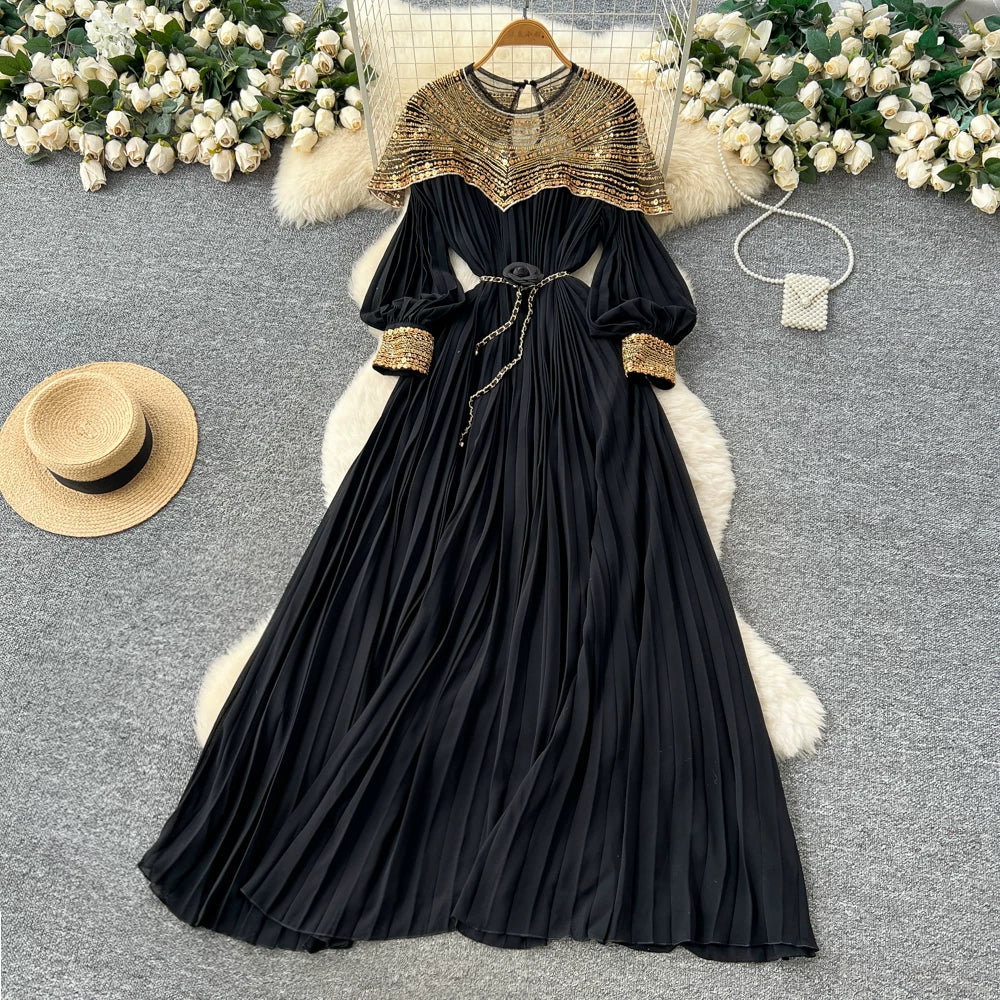 Embroidered Beaded Sequin Lantern Sleeve Dress 64D215