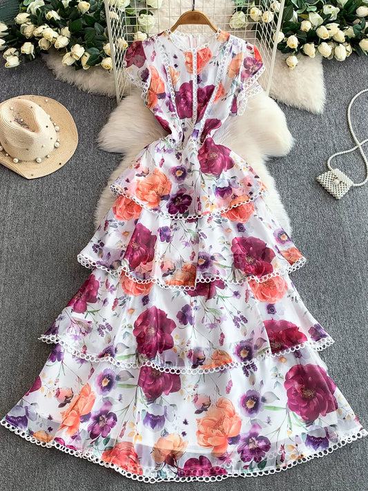 Lace-trimmed, Printed, Round-neck Dress SA758