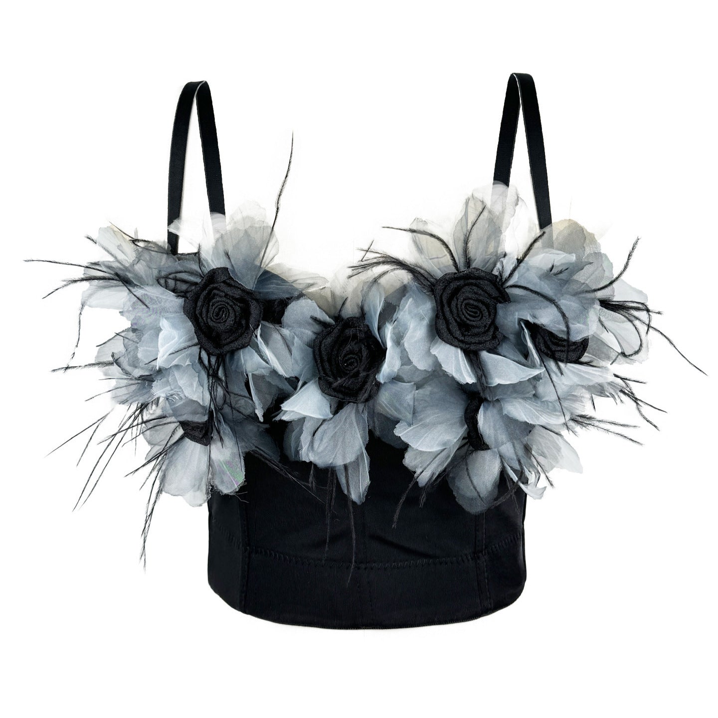 Three-dimensional flower fringed suspender fishbone bra