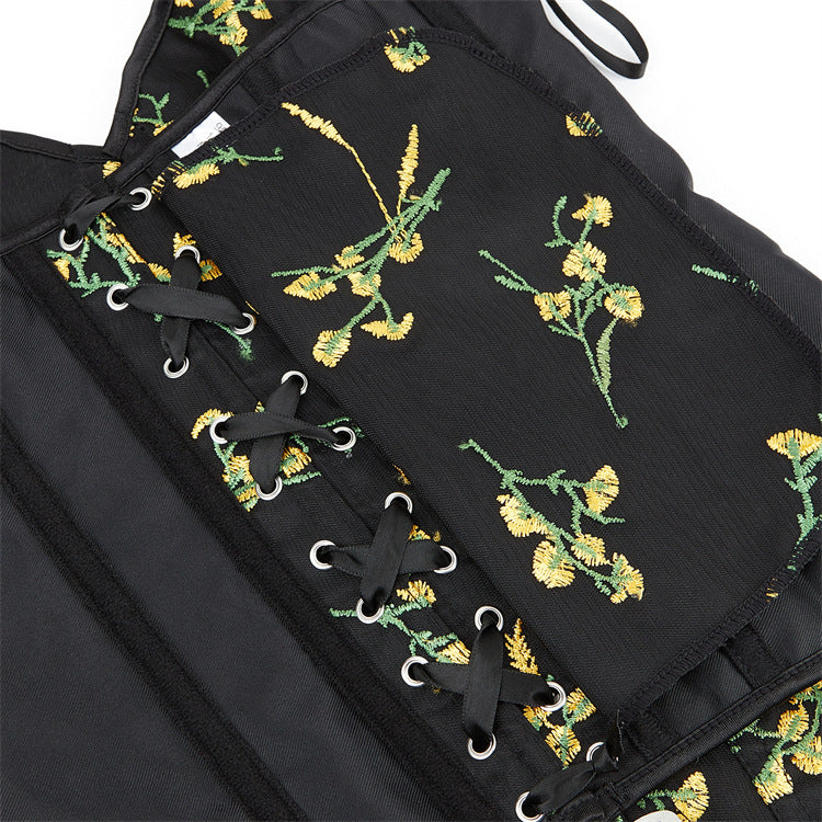 Black Embroidered Sexy Waist Court Shapewear Top  69A645