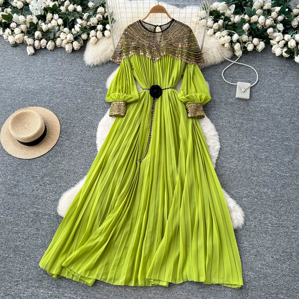 Embroidered Beaded Sequin Lantern Sleeve Dress 64D215