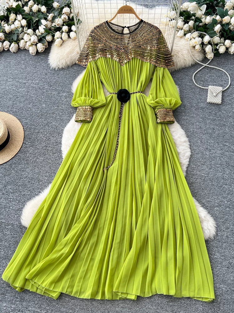 Embroidered Beaded Sequin Lantern Sleeve Dress 64D215