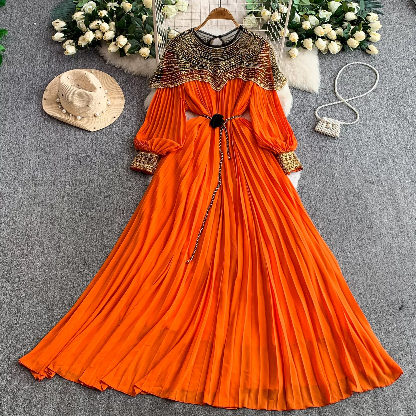 Sequin Lantern Sleeve Dress  64D118