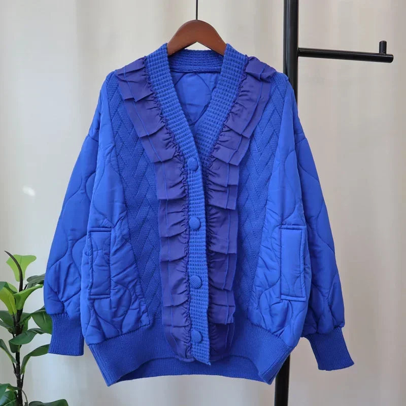 Patchwork Lace 2024 Woman Cardigan V-neck Long Sleeve Ropa Mujer Single Breasted Outerwears Autumn Winter Sweater Cardigans