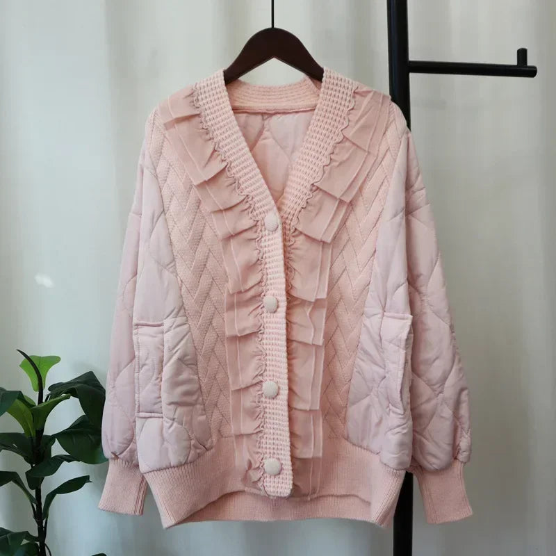 Patchwork Lace 2024 Woman Cardigan V-neck Long Sleeve Ropa Mujer Single Breasted Outerwears Autumn Winter Sweater Cardigans