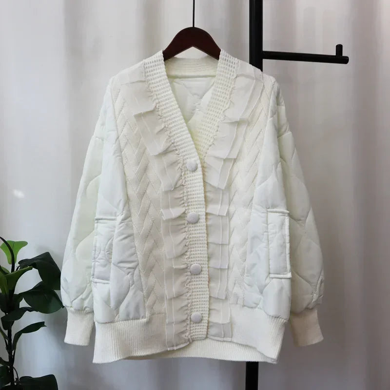 Patchwork Lace 2024 Woman Cardigan V-neck Long Sleeve Ropa Mujer Single Breasted Outerwears Autumn Winter Sweater Cardigans