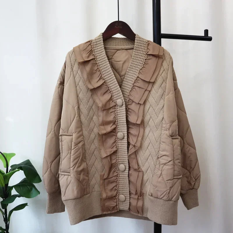 Patchwork Lace 2024 Woman Cardigan V-neck Long Sleeve Ropa Mujer Single Breasted Outerwears Autumn Winter Sweater Cardigans