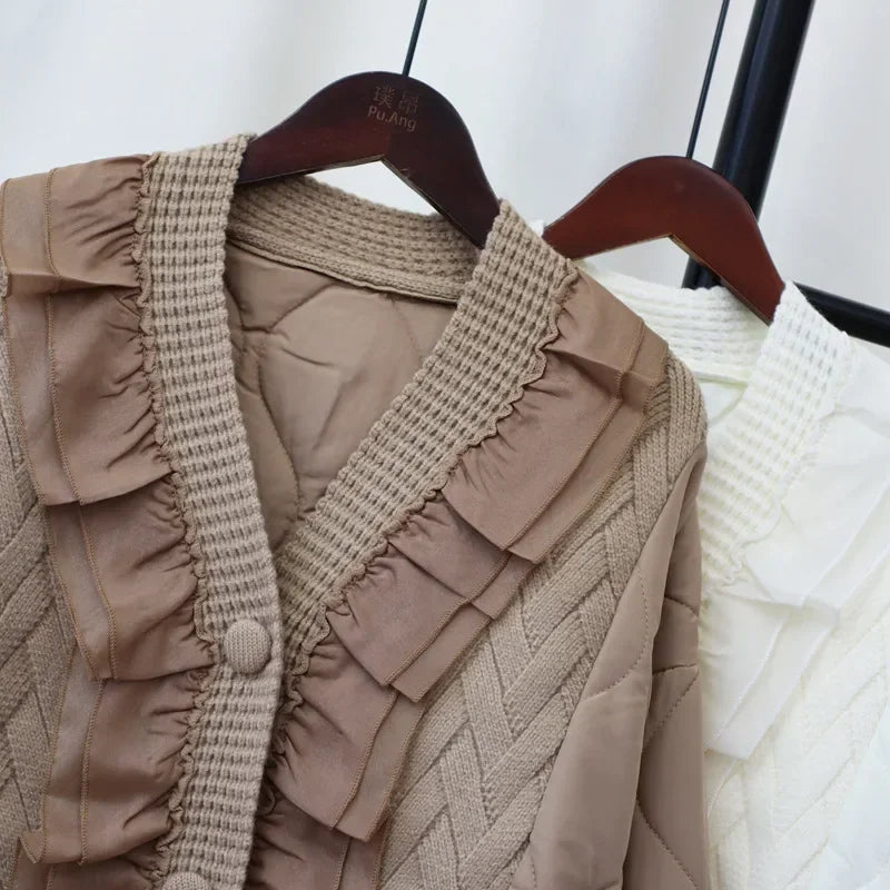 Patchwork Lace 2024 Woman Cardigan V-neck Long Sleeve Ropa Mujer Single Breasted Outerwears Autumn Winter Sweater Cardigans
