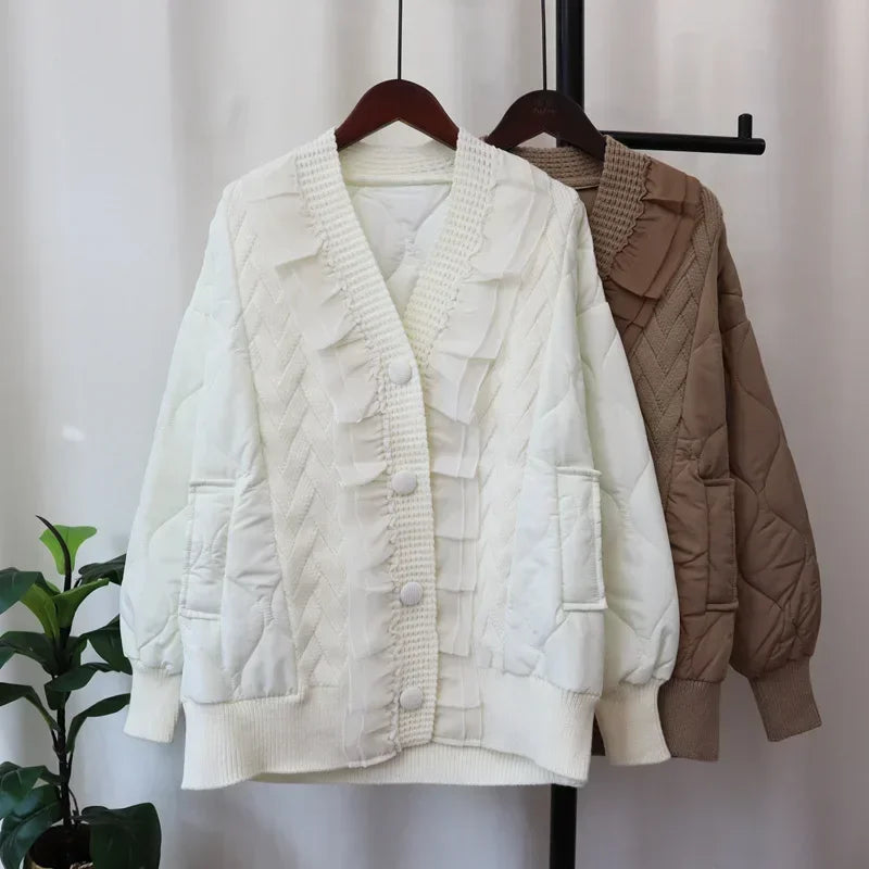 Patchwork Lace 2024 Woman Cardigan V-neck Long Sleeve Ropa Mujer Single Breasted Outerwears Autumn Winter Sweater Cardigans