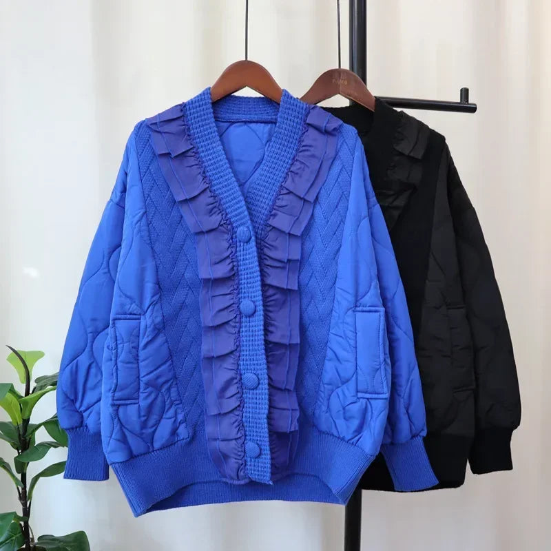 Patchwork Lace 2024 Woman Cardigan V-neck Long Sleeve Ropa Mujer Single Breasted Outerwears Autumn Winter Sweater Cardigans