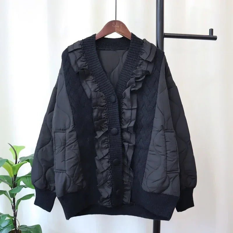 Patchwork Lace 2024 Woman Cardigan V-neck Long Sleeve Ropa Mujer Single Breasted Outerwears Autumn Winter Sweater Cardigans