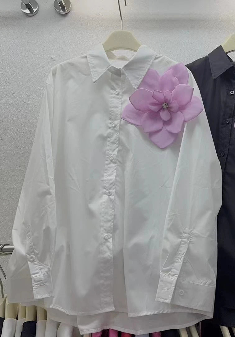 Neploe New Moda Turn-down Collar Long Sleeve Solid Shirt Single Breasted Bow 3D Flower All-match Blouses Summer Casual Fresh Top