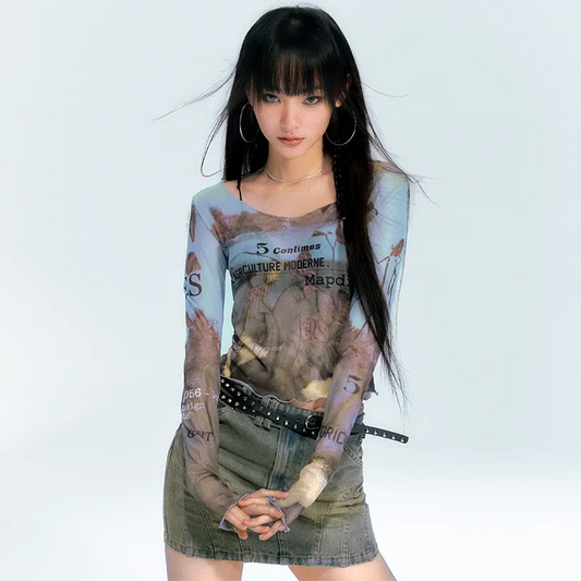 Oil Painting Gauze Printing Slim Crop Top SA258
