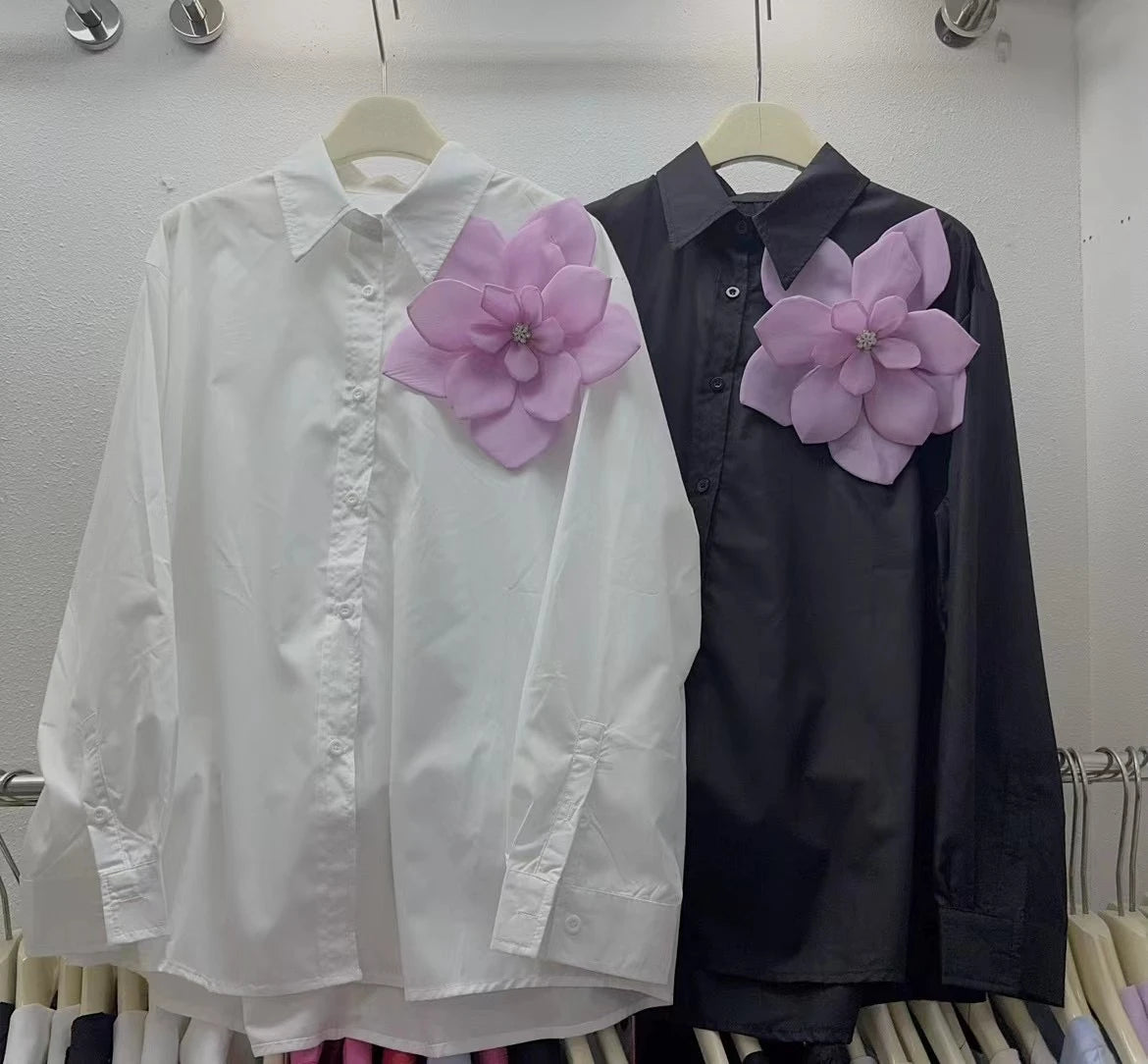 Neploe New Moda Turn-down Collar Long Sleeve Solid Shirt Single Breasted Bow 3D Flower All-match Blouses Summer Casual Fresh Top