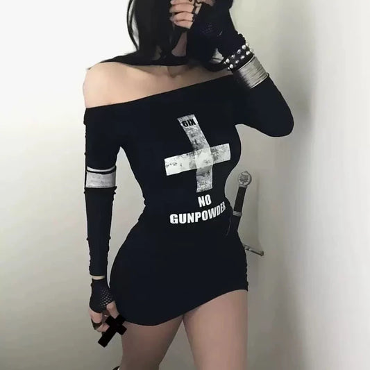 Off The Shoulder Slim Fit Punk Vintage Print Dresses SA288