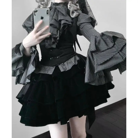 Sweet Bow Striped Blouse Fluffy Cake Skirts SA157