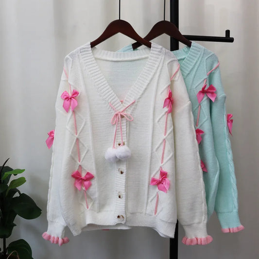 Sweet Bow 2024 Woman Cardigan Loose Lazy Style Ropa Mujer Autumn New Outerwears V-neck Single Breasted Sweater Cardigans