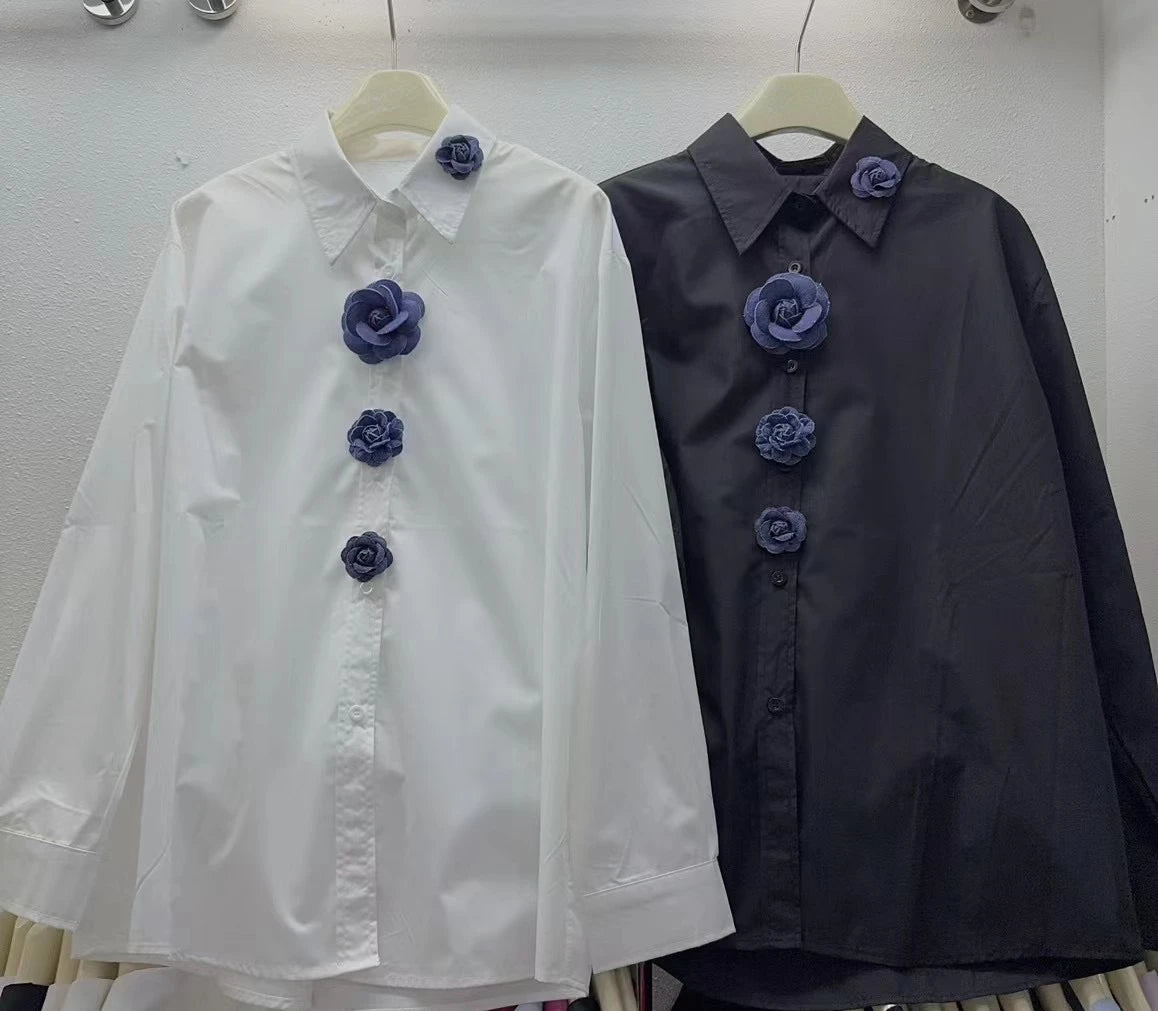 Neploe New Moda Turn-down Collar Long Sleeve Solid Shirt Single Breasted Bow 3D Flower All-match Blouses Summer Casual Fresh Top