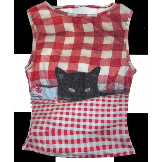 Euramerican Early Vintage Constrast Color Plaid Camisole Harajuku High Street Summer Streetwear Punk Tank Top Y2k 2000s Clothes