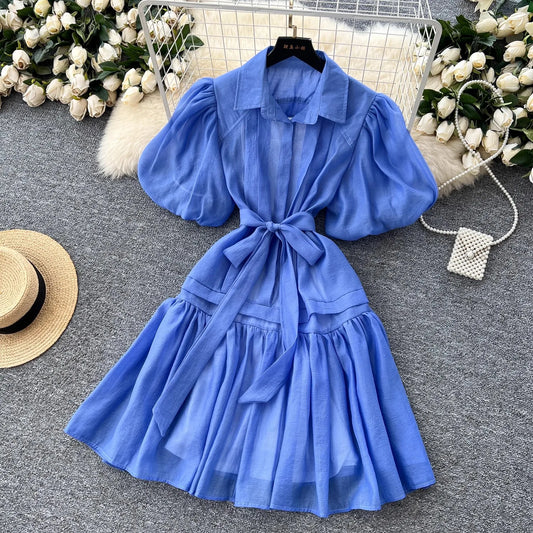 Chic Organza Bandage Lace Up Belt Summer Holiday Oversized Loose Dresses Women Shirt Collar Puff Sleeve Loose Party Vestidos