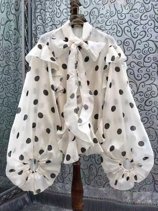 Lace-up Bow Blusas Mujer Polka Dot Ptint Shirts SA234