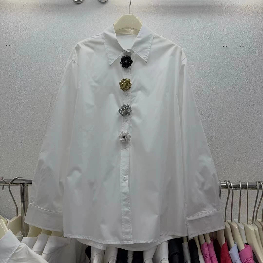 Neploe New Moda Turn-down Collar Long Sleeve Solid Shirt Single Breasted Bow 3D Flower All-match Blouses Summer Casual Fresh Top