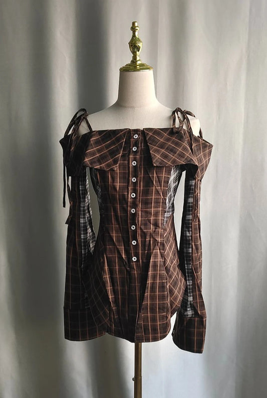 Slash Neck Plaid Shirt SA294