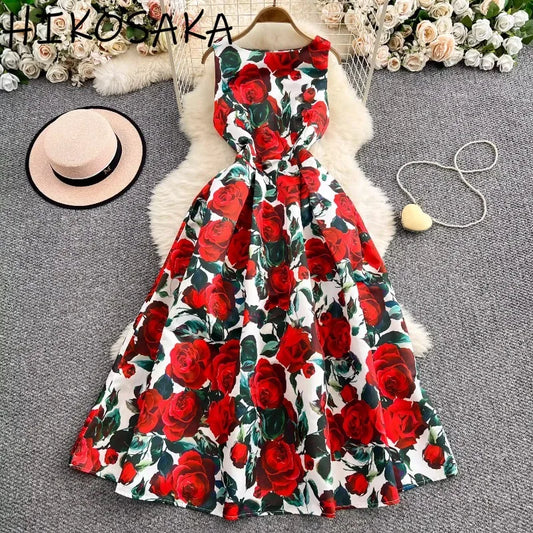 Summer Chic Sleeveless Party Dress Rose Floral Print Pleated Gown Ball Big Swing Robe French Style Elegant Vestidos Mujer