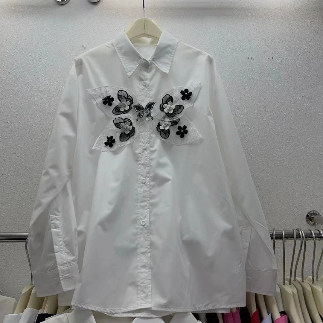 Neploe New Moda Turn-down Collar Long Sleeve Solid Shirt Single Breasted Bow 3D Flower All-match Blouses Summer Casual Fresh Top