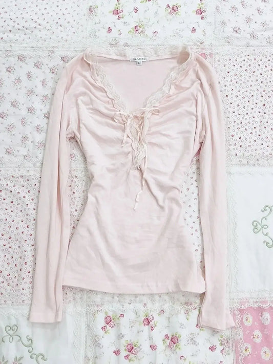 French Low-neck Long-sleeved Lace T-shirt SA224