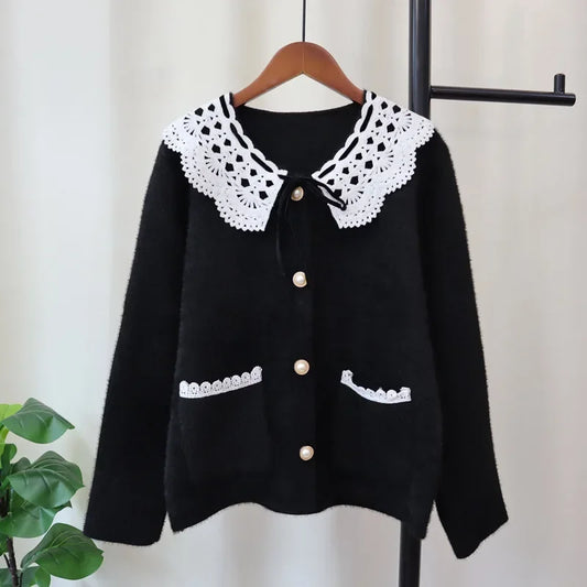 Patchwork Lace2024 Woman Cardigan Sweet Peter Pan Collar Ropa Mujer Autumn Winter Outerwears Singel Breasted Sweater Cardigans