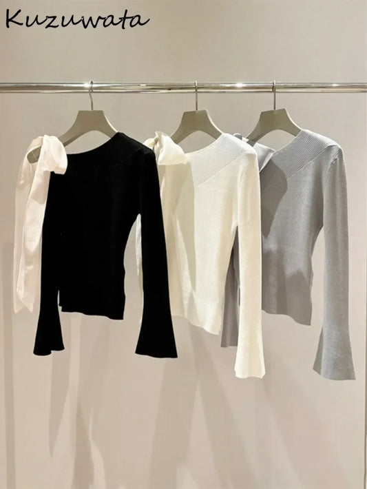 Kuzuwata Casual Skew Collar Flare Sleeve Off Shoulder Tops 1Y954